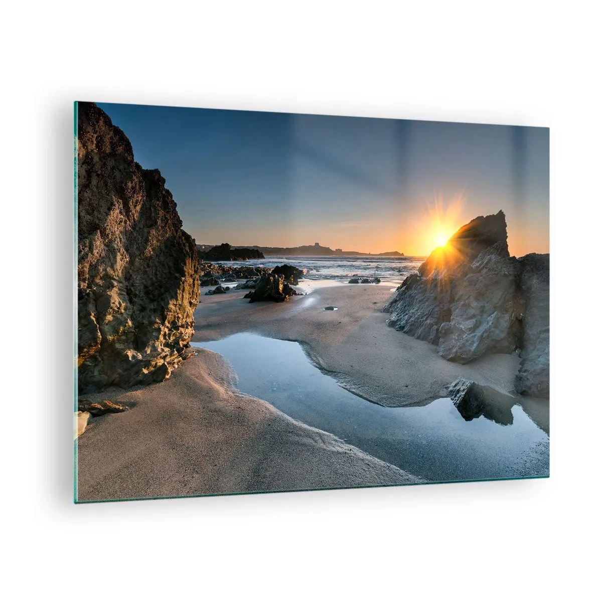Quadro su vetro - Spiaggia all'alba con rocce pittoresche e acqua - 70x50cm - Mai toccate da mano umana - Decorazione murale moderna per soggiorno e camera da letto ARTTOR