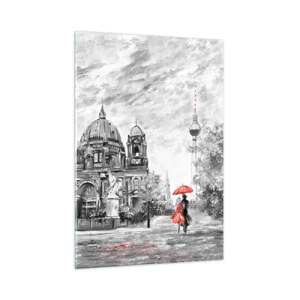 Quadro su vetro - Cattedrale di Berlino con accento rosso in toni monocromatici - 50x70cm - Incontro a Berlino - Decorazione murale moderna per soggiorno e camera da letto ARTTOR