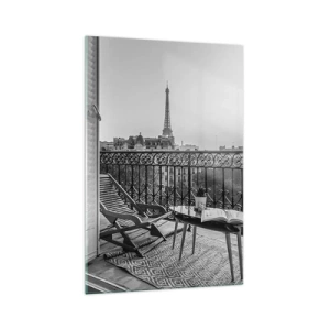 Quadro su vetro - Vista della Torre Eiffel dal balcone con sedie a sdraio e tavolo - 70x100cm - Pomeriggio parigino - Decorazione murale moderna per soggiorno e camera da letto ARTTOR
