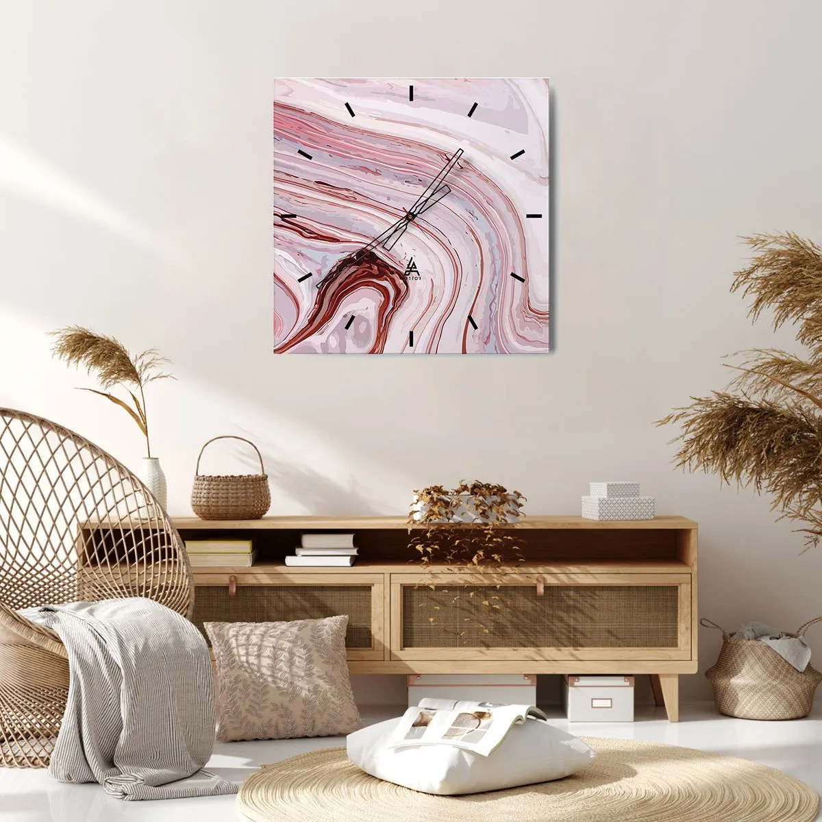 Orologio da parete - Orologio in Vetro - Motivo astratto in rosa e bianco - 30x30cm - Dritto, poi a destra in basso - Decorazione murale moderna per soggiorno e camera da letto ARTTOR