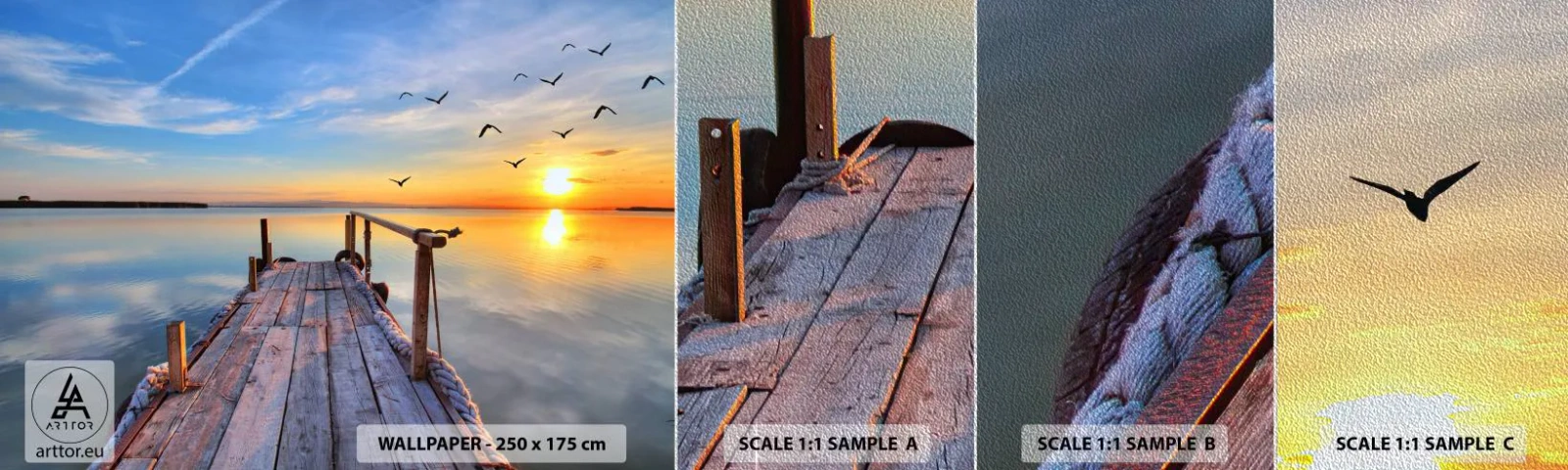 Campione di Fotomurale Premium Sand - Camminando verso il sole - Paesaggio, Lago, Ponte di Legno - 100x30 cm