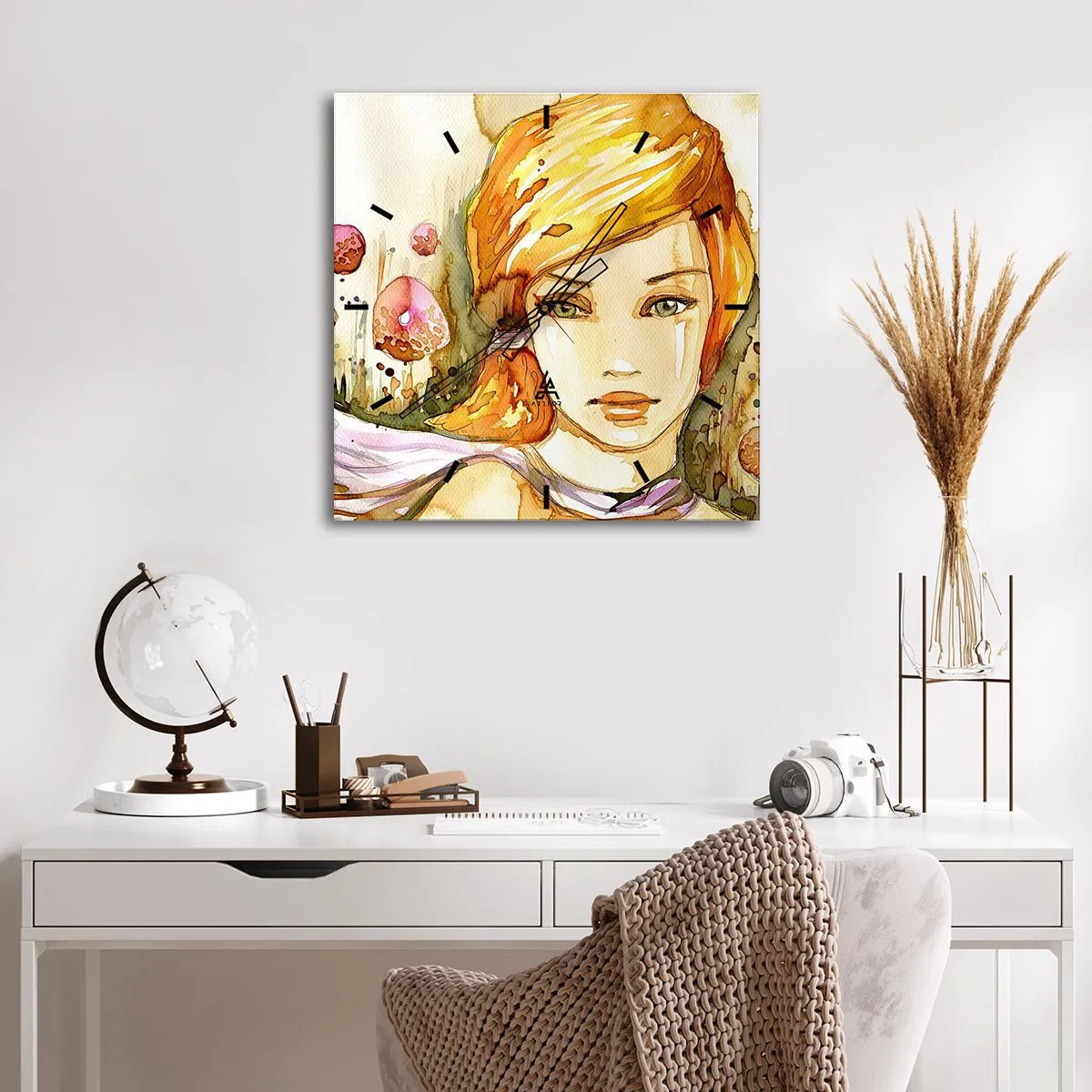 Orologio da parete - Orologio in Vetro - Ritratto di donna dai colori acquerellati con sguardo intenso - 30x30cm - Sguardo di smeraldo, che calma l'ira - Decorazione murale moderna per soggiorno e camera da letto ARTTOR