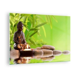 Quadro su vetro - Una figura di Buddha con una candela accesa in un ambiente verde - 70x50cm - La vita è bella - Decorazione murale moderna per soggiorno e camera da letto ARTTOR