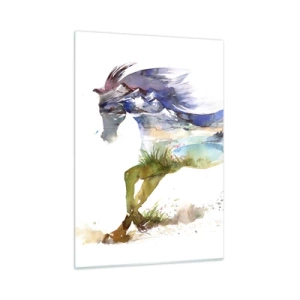 Quadro su vetro - Acquerello di un cavallo con un paesaggio montano in silhouette - 50x70cm - Direttamente dal prato al cielo - Decorazione murale moderna per soggiorno e camera da letto ARTTOR