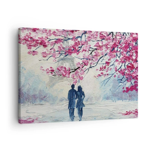 Quadro su tela - Stampe su Tela - Una coppia sotto alberi rosa in fiore in un ambiente romantico - 70x50cm - Passeggiata romantica - Decorazione murale moderna per soggiorno e camera da letto ARTTOR