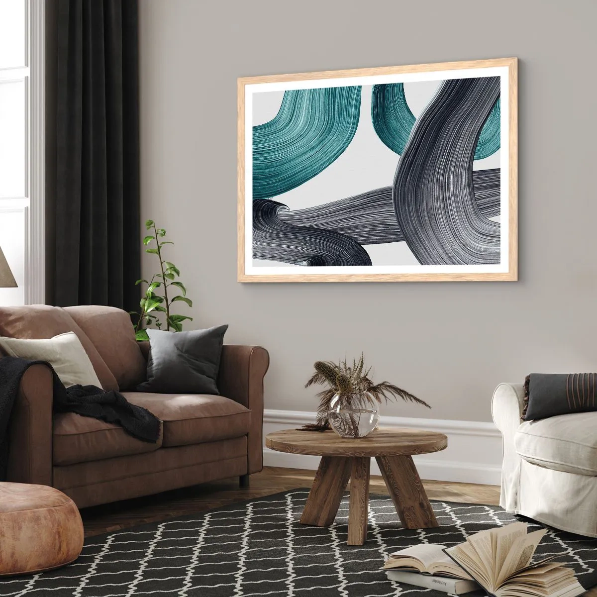 Poster in cornice rovere chiaro - Tracce smeraldo e nero - 100x70 cm