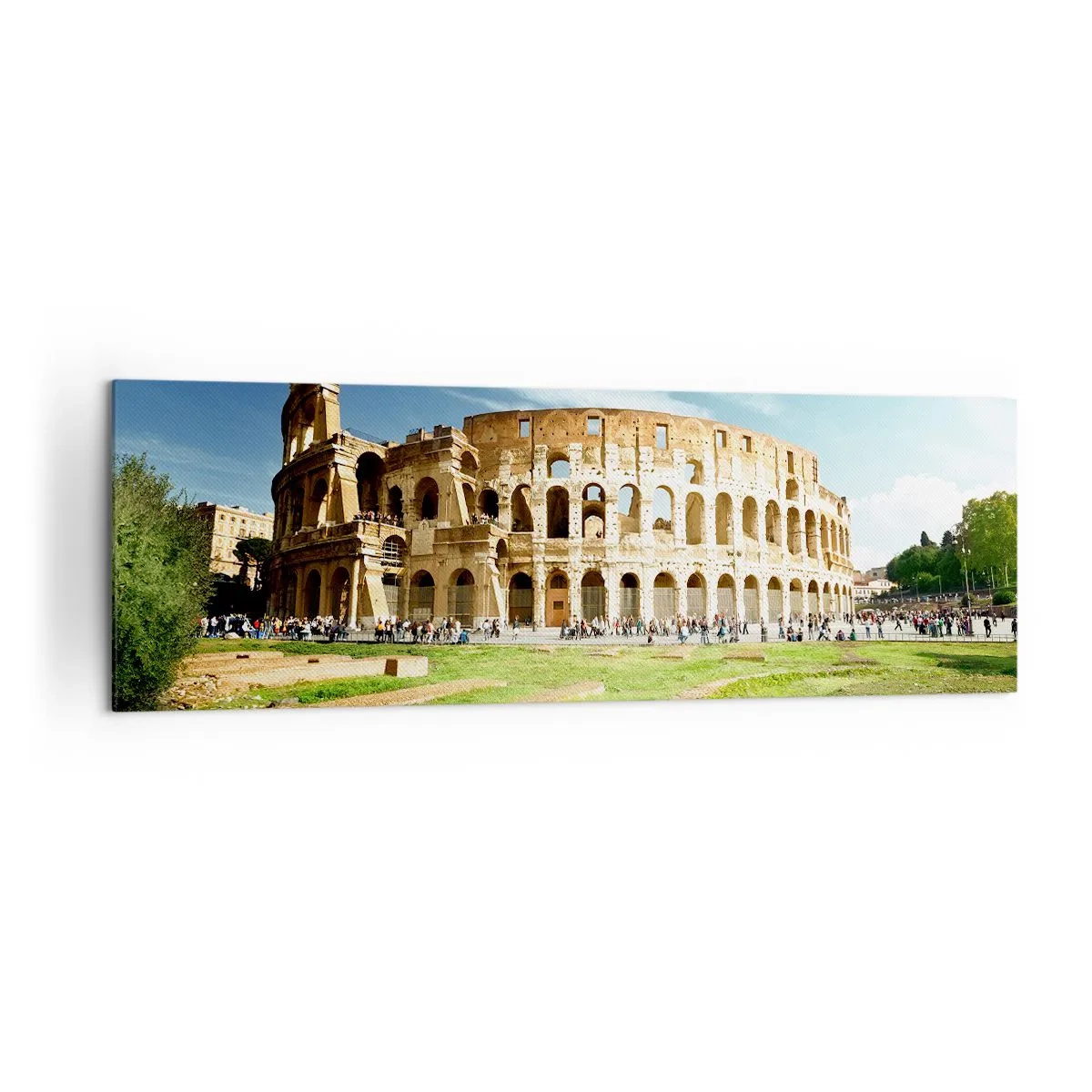 Quadro su tela - Stampe su Tela - Il Colosseo a Roma circondato dal verde e dal cielo azzurro - 160x50cm - Si sente ancora il rumore delle armi - Decorazione murale moderna per soggiorno e camera da letto ARTTOR