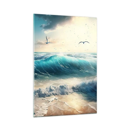 Quadro su vetro - Onde del mare sulla spiaggia sotto un cielo azzurro con gabbiani - 70x100cm - Mormora solo per te - Decorazione murale moderna per soggiorno e camera da letto ARTTOR