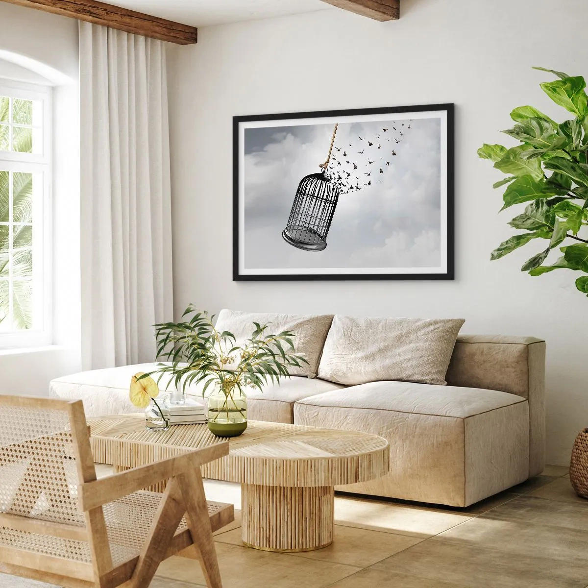 Poster in cornice nera - Uccelli che volano fuori da una gabbia contro il cielo - 100x70cm - Fede... Speranza... Libertà! - Decorazione murale moderna per soggiorno e camera da letto ARTTOR