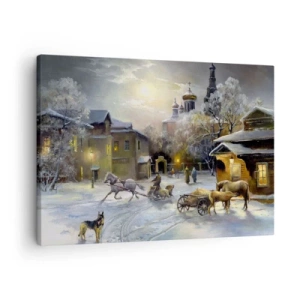 Quadro su tela - Stampe su Tela - Paesaggio invernale in una città russa con una slitta e una chiesa - 70x50cm - La magia dell'inverno russo - Decorazione murale moderna per soggiorno e camera da letto ARTTOR