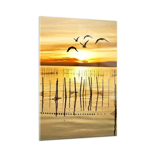 Quadro su vetro - Tramonto su un lago con uccelli e reti da pesca - 50x70cm - Alla pesca - Decorazione murale moderna per soggiorno e camera da letto ARTTOR