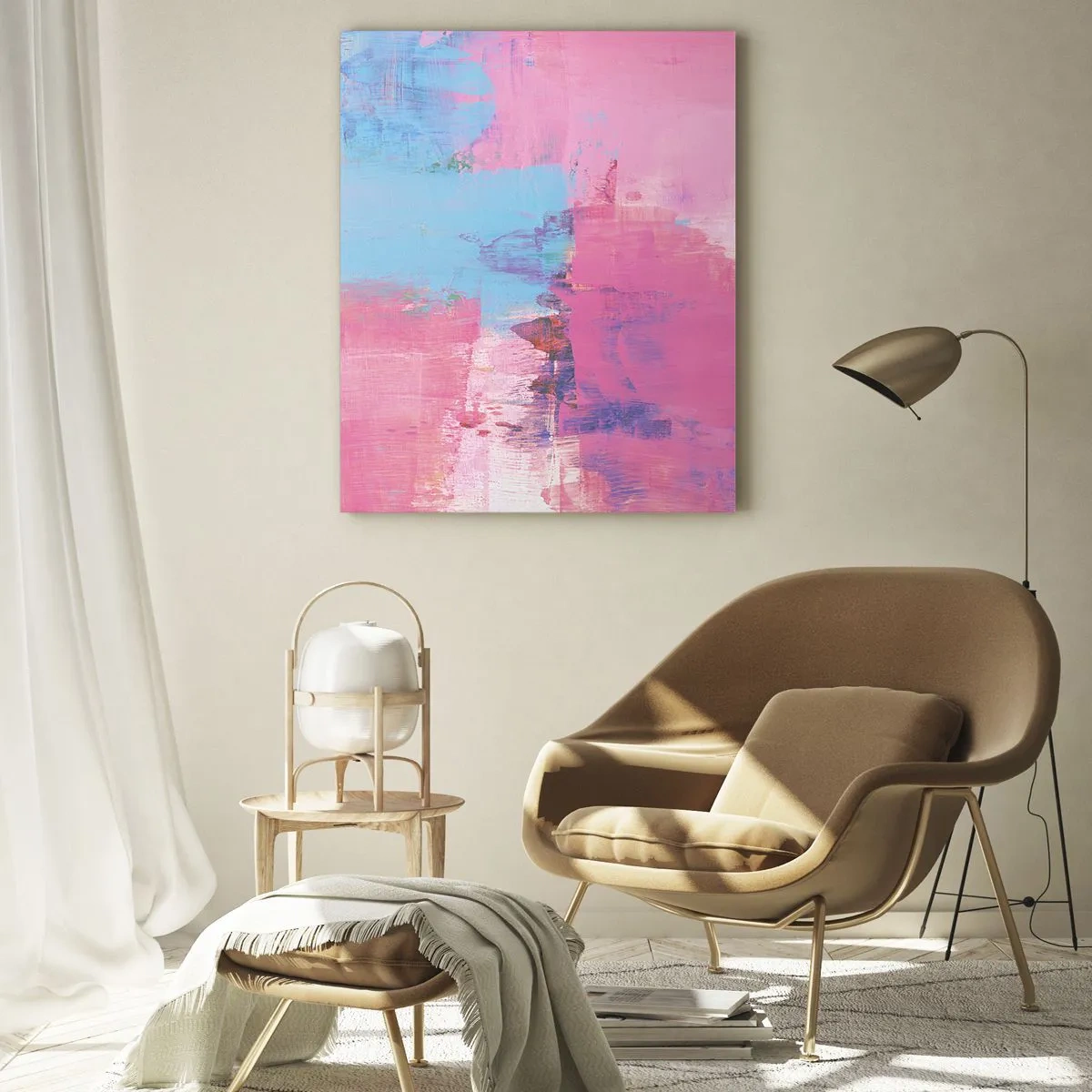 Quadro su vetro - Astrazione energetica nei toni del rosa e del blu - 50x70cm - Rosa, blu e un pizzico di luce - Decorazione murale moderna per soggiorno e camera da letto ARTTOR