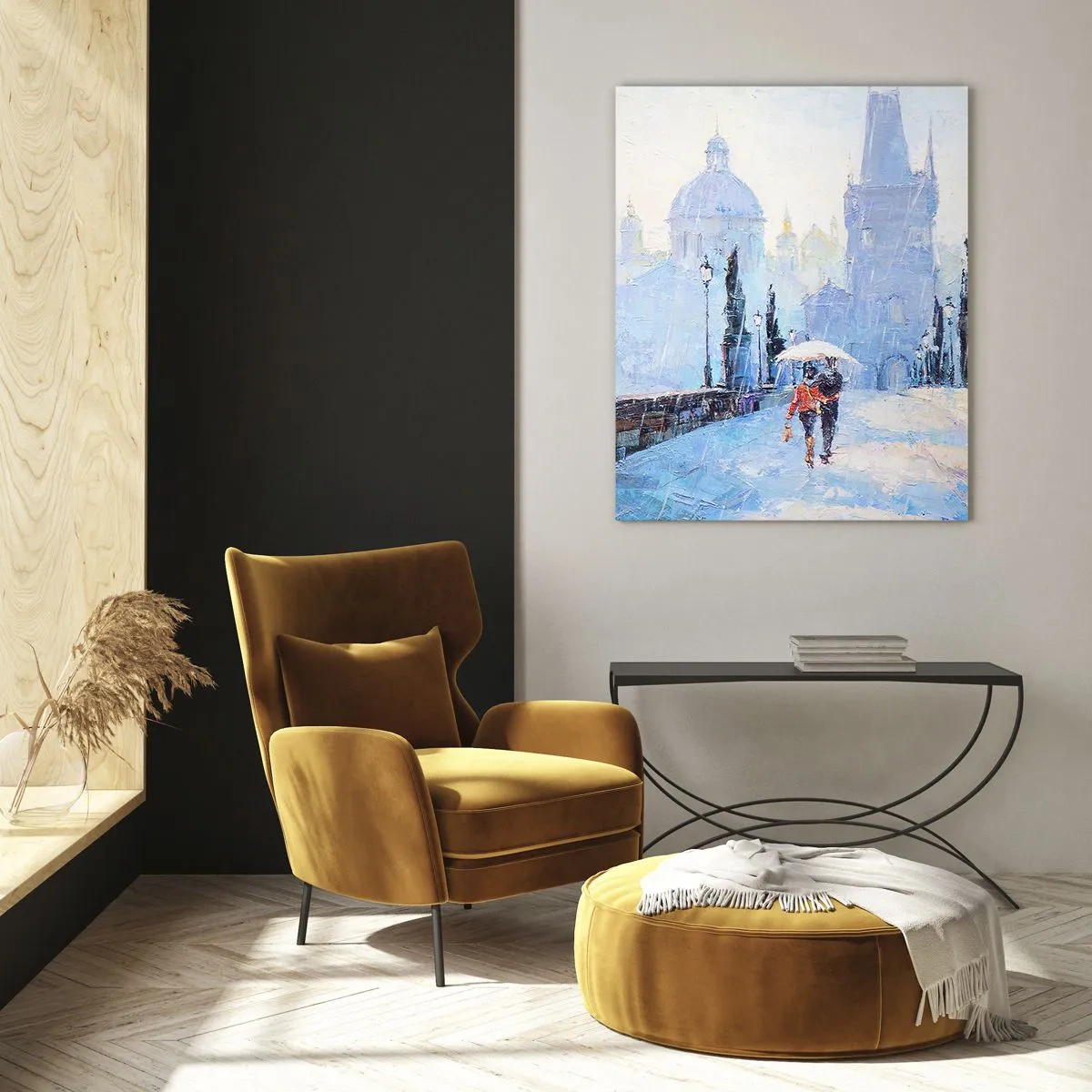 Quadro su vetro - Coppia romantica su un ponte sotto la pioggia, una scena pittorica - 80x120cm - La pioggia ci ha incantati - Decorazione murale moderna per soggiorno e camera da letto ARTTOR