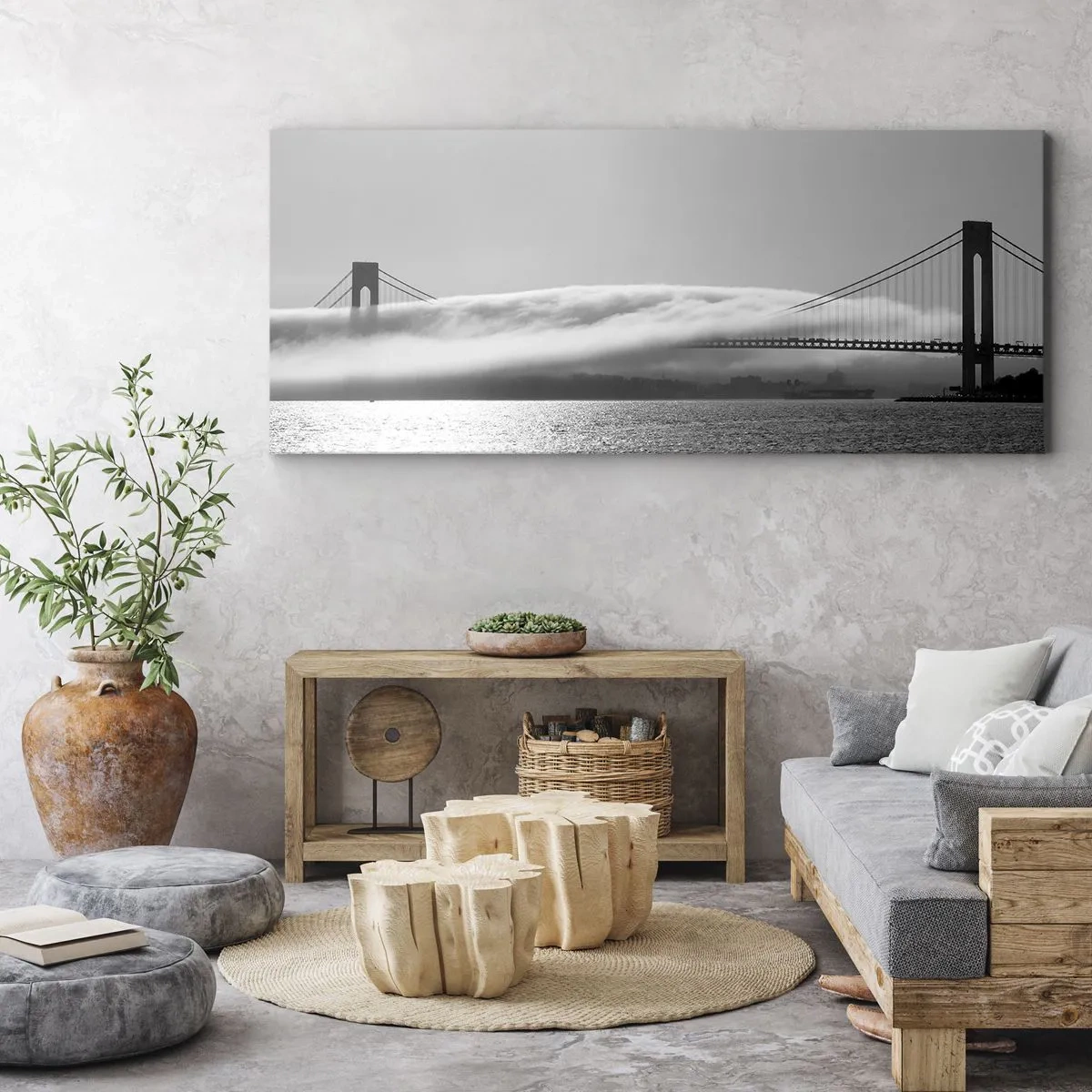 Quadro su tela - Stampe su Tela - Un ponte sull'acqua avvolto nella nebbia in uno scatto in bianco e nero - 120x50cm - Navigare attraverso la Porta d'Oro - Decorazione murale moderna per soggiorno e camera da letto ARTTOR