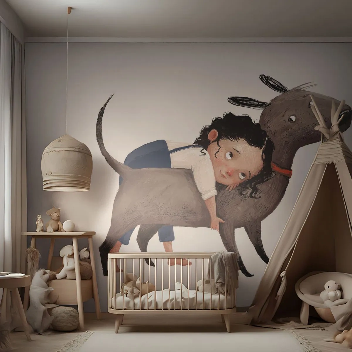 Fotomurali Premium Canvas - Illustrazione in stile cartone animato di un bambino che abbraccia un cane - 100x70cm - I migliori amici - Decorazione murale moderna per soggiorno e camera da letto ARTTOR