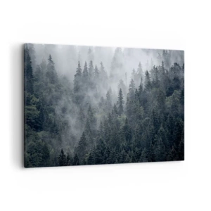 Quadro su tela - Stampe su Tela - Foresta di conifere nebbiosa nei toni del grigio e del verde - 120x80cm - Alba nel bosco - Decorazione murale moderna per soggiorno e camera da letto ARTTOR