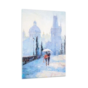 Quadro su vetro - Camminare con un ombrello su un ponte storico in una giornata piovosa - 50x70cm - La pioggia ci ha incantati - Decorazione murale moderna per soggiorno e camera da letto ARTTOR