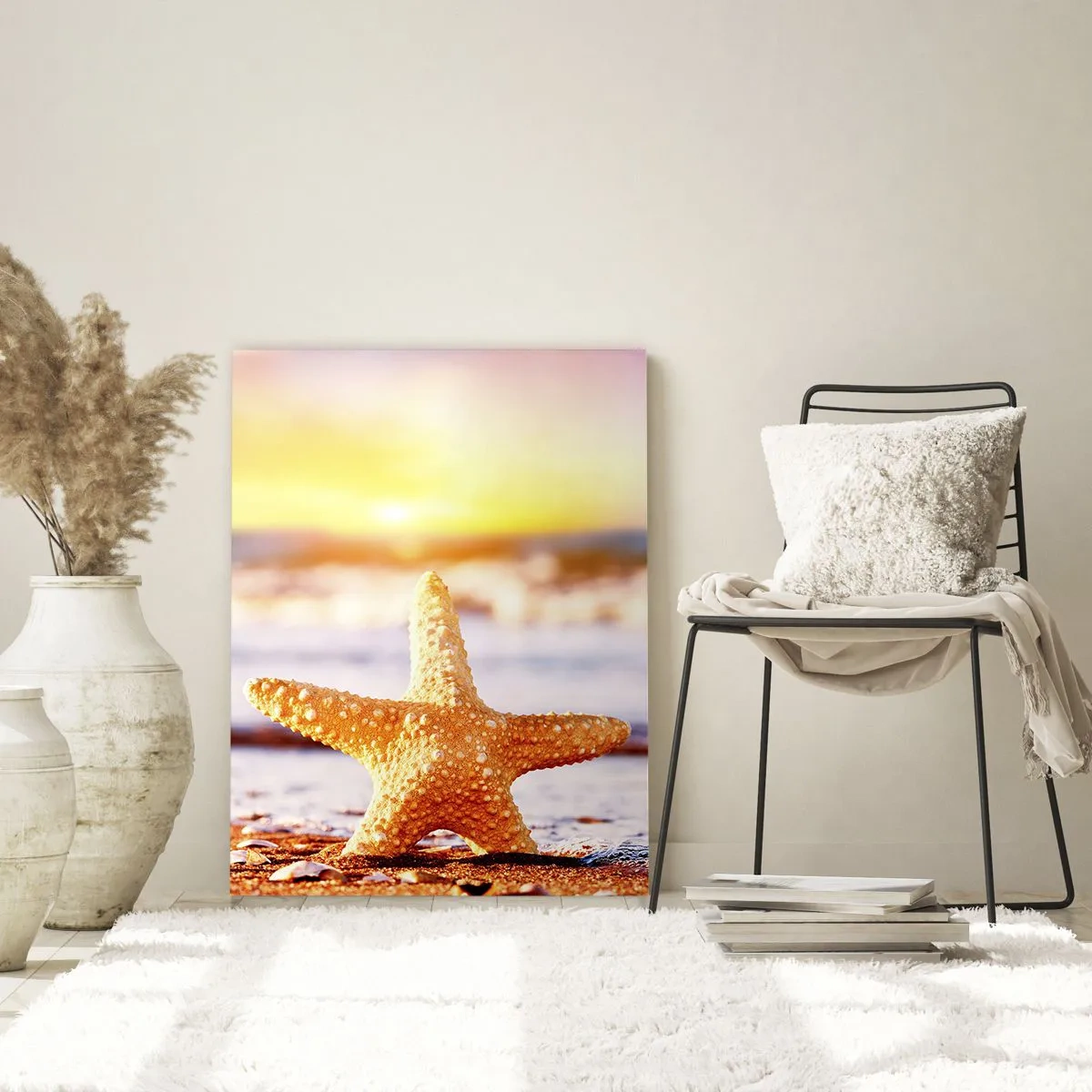 Quadro su vetro - Una stella marina su una spiaggia sabbiosa al chiarore del sole al tramonto - 70x100cm - Regalo del mare - Decorazione murale moderna per soggiorno e camera da letto ARTTOR