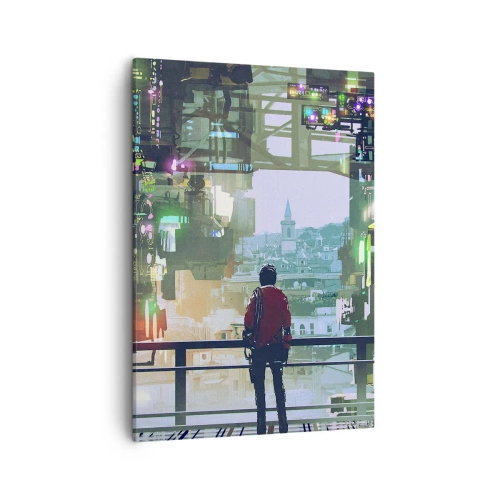 Quadro su tela - Stampe su Tela - Una figura in una città futuristica con luci al neon - 50x70cm - Due mondi - Decorazione murale moderna per soggiorno e camera da letto ARTTOR