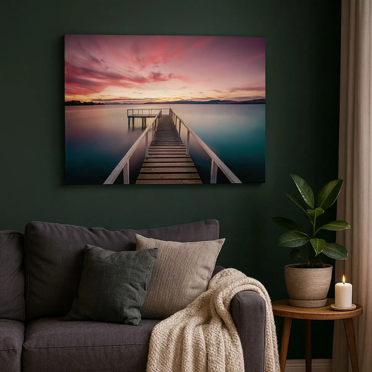 Quadro su tela - Stampe su Tela - Un molo che conduce a un lago tranquillo al tramonto - 70x50cm - La fiamma mite della sera - Decorazione murale moderna per soggiorno e camera da letto ARTTOR