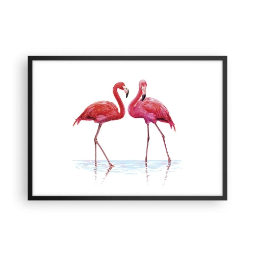 Poster in cornice nera - Una coppia di fenicotteri nell'acqua su uno sfondo chiaro - 70x50cm - Appuntamento in rosa - Decorazione murale moderna per soggiorno e camera da letto ARTTOR