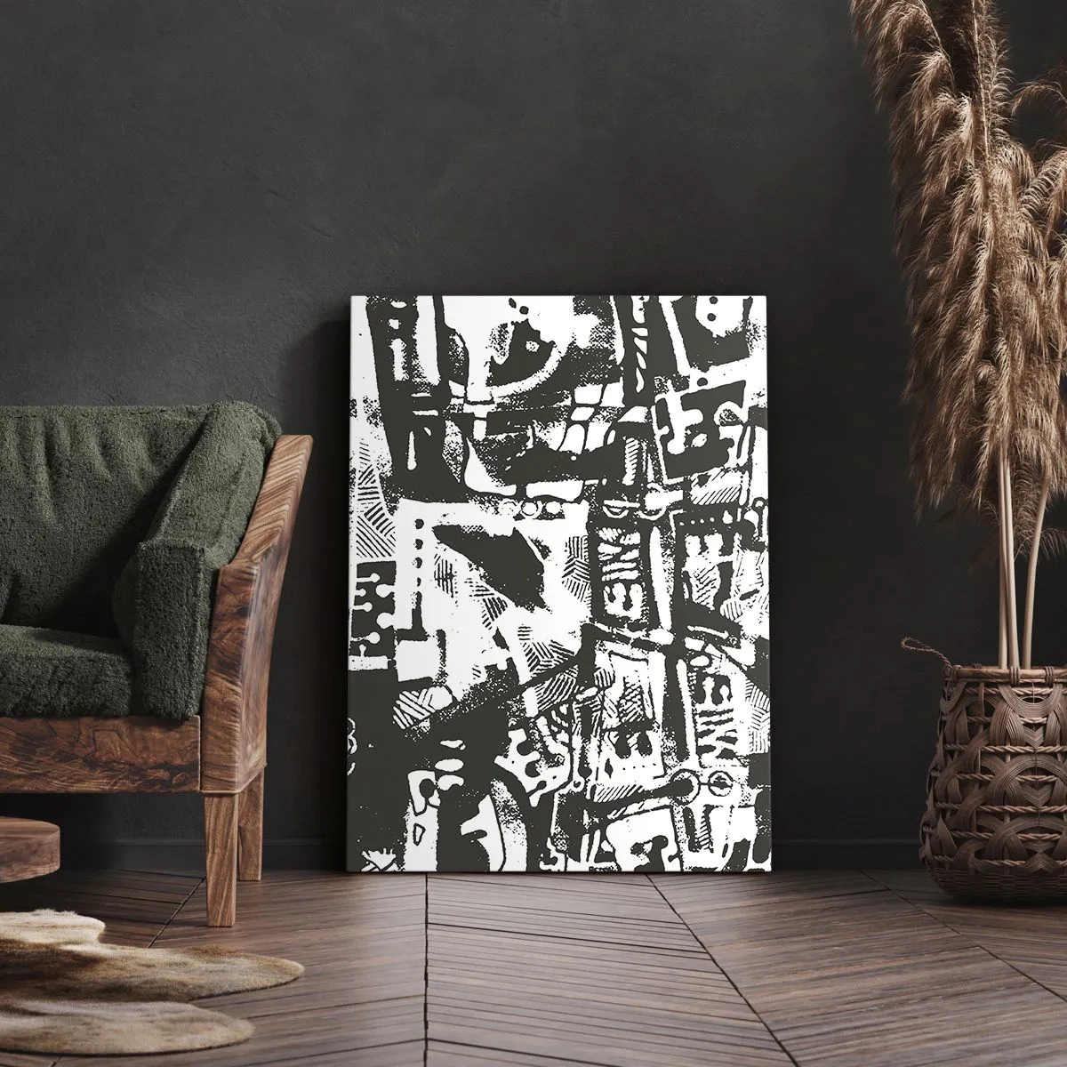 Quadro su tela - Stampe su Tela - Motivo retrò monocromatico astratto - 80x120cm - Ordine o caos? - Decorazione murale moderna per soggiorno e camera da letto ARTTOR
