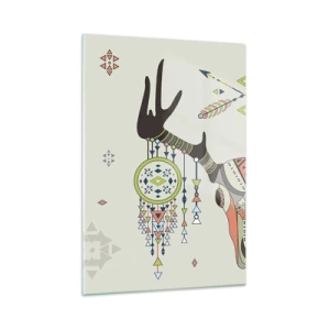 Quadro su vetro - Corna simboliche e motivi nativi americani su uno sfondo chiaro - 50x70cm - Il trofeo del cacciatore indiano - Decorazione murale moderna per soggiorno e camera da letto ARTTOR