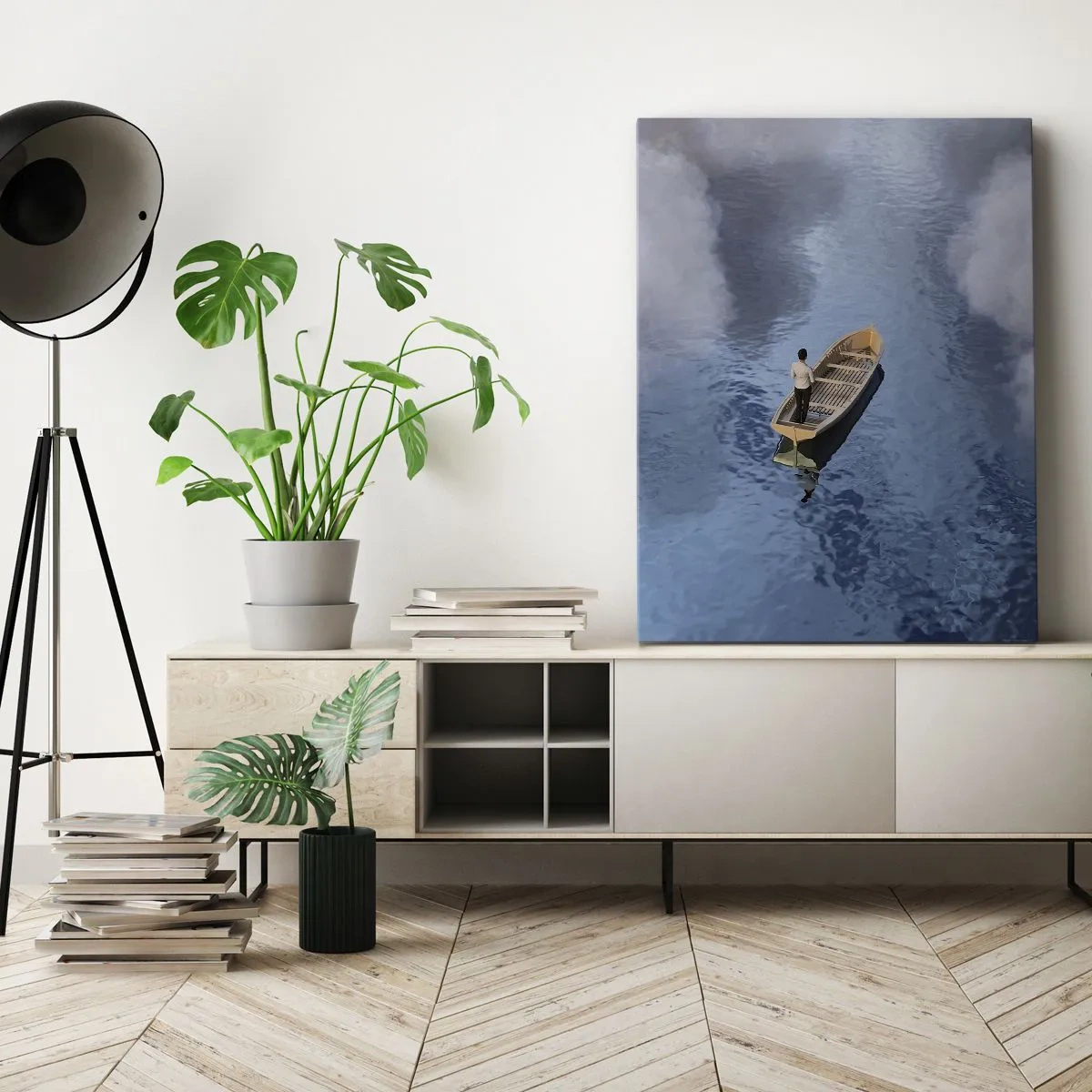 Quadro su tela - Stampe su Tela - Un uomo su una barca in un mare calmo circondato da nuvole - 50x70cm - Vita - viaggio - incertezza - Decorazione murale moderna per soggiorno e camera da letto ARTTOR