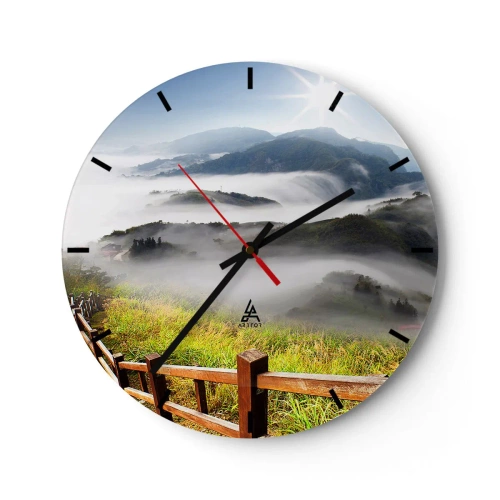 Orologio da parete - Orologio in Vetro - Vista di una valle nebbiosa con una recinzione in legno - 30x30cm - Avvolti di luce e nebbia - Decorazione murale moderna per soggiorno, cucina e camera da letto ARTTOR