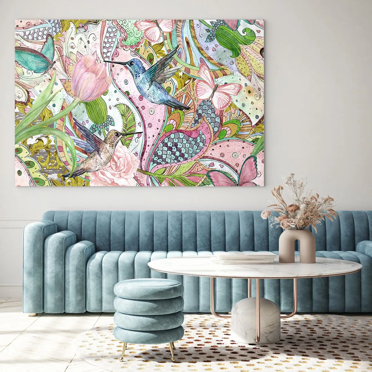 Quadro su vetro - Colibrì colorati tra fiori e farfalle - 120x80cm - Intrecciate nei rami - Decorazione murale moderna per soggiorno e camera da letto ARTTOR