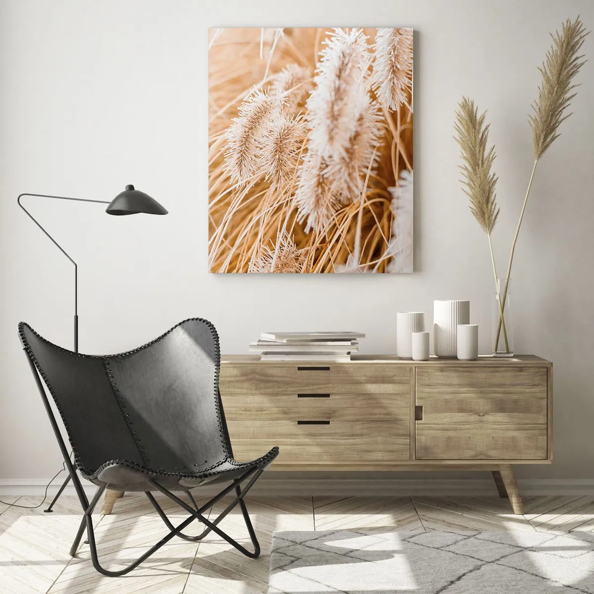 Quadro su vetro - Primo piano di soffici spighe d'erba in luce dorata - 50x70cm - Il fruscio dorato dell'erba - Decorazione murale moderna per soggiorno e camera da letto ARTTOR