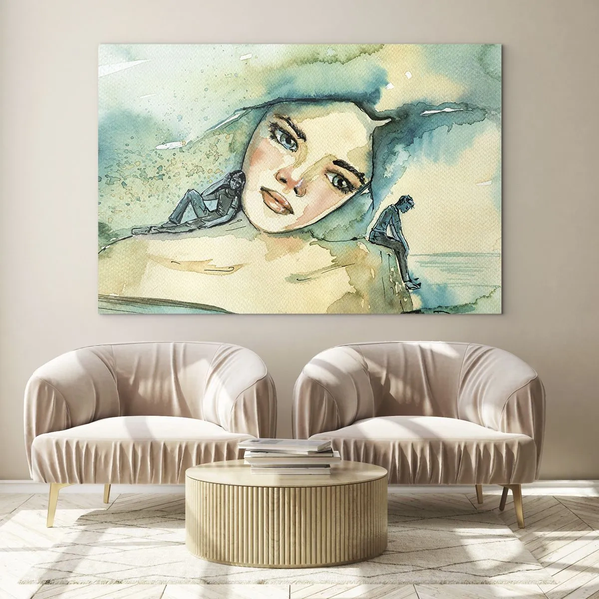 Quadro su vetro - Ritratto di donna in stile acquerello con sagome di figure - 70x50cm - Am I blue? - Decorazione murale moderna per soggiorno e camera da letto ARTTOR