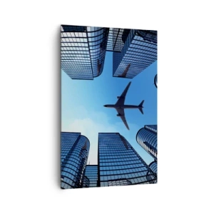 Quadro su tela - Stampe su Tela - Un aereo che sorvola i moderni grattacieli del centro città. - 80x120cm - Panorama dal canyon di vetro - Decorazione murale moderna per soggiorno e camera da letto ARTTOR