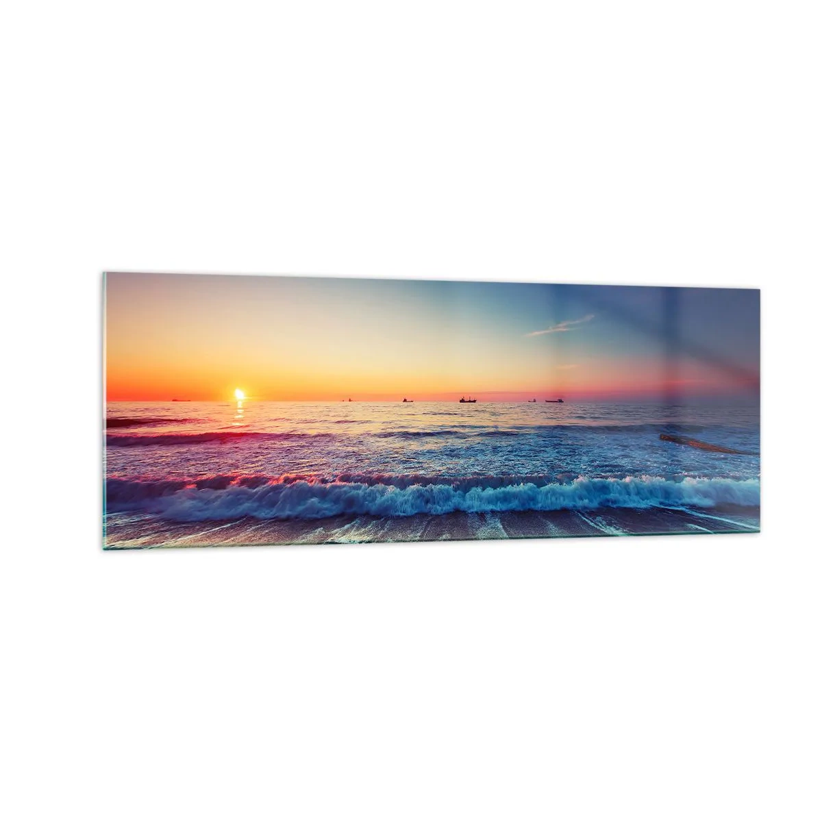 Quadro su vetro - Tramonto su un mare calmo con onde - 140x50cm - Cosa c'è dietro l'orizzonte? - Decorazione murale moderna per soggiorno e camera da letto ARTTOR
