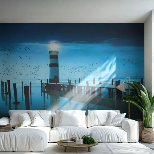 Fotomurali Autoadesivo Deluxe Sticker - E passa la paura del buio - Paesaggio, Faro, Ponte di Legno - 100x70 cm