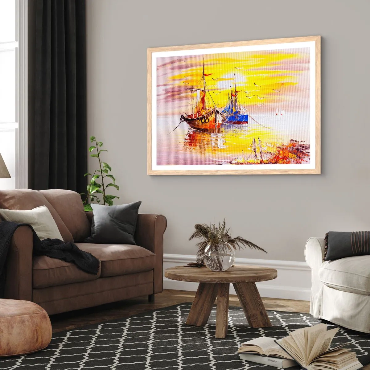 Poster in cornice rovere chiaro - Meritato riposo nel porto - 70x50 cm