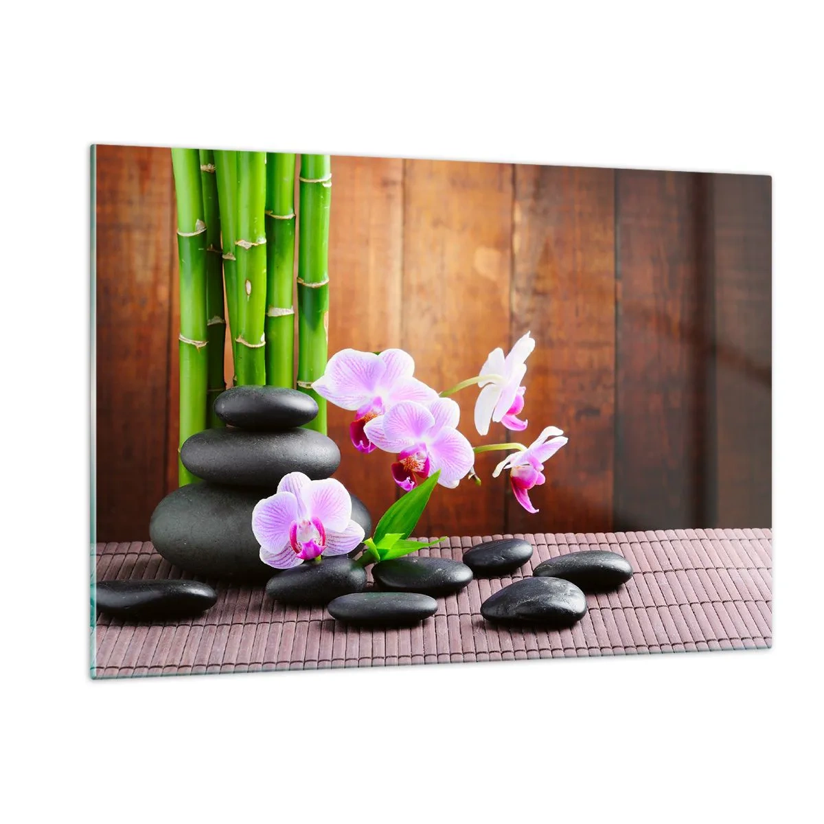 Quadro su vetro - Orchidee rosa, bambù e pietre nere contro una parete di legno - 120x80cm - Scopri i piaceri dell'oriente - Decorazione murale moderna per soggiorno e camera da letto ARTTOR