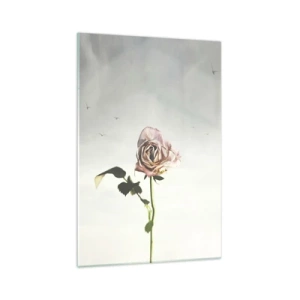 Quadro su vetro - Una rosa delicata contro un cielo luminoso con uccelli che volano - 70x100cm - Il benvenuto alla primavera - Decorazione murale moderna per soggiorno e camera da letto ARTTOR