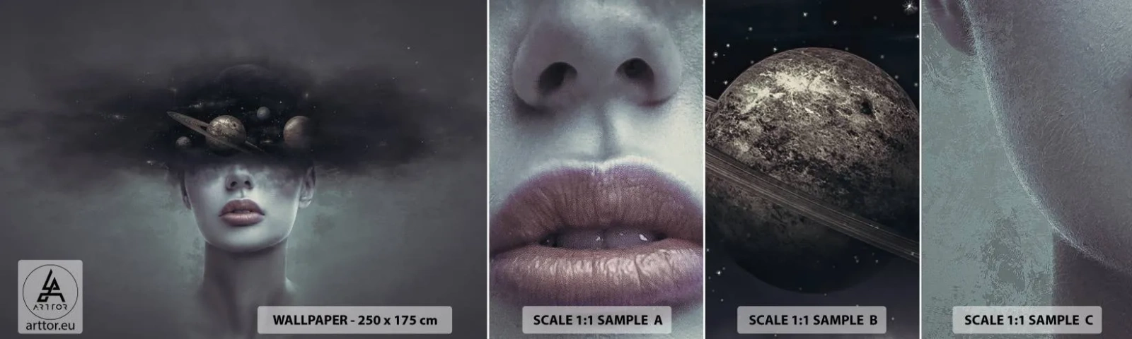 Campione Di Fotomurale Standard Eco - E i pianeti folleggiano... - Astrazione, Volto di donna, Cosmo - 100x30 cm