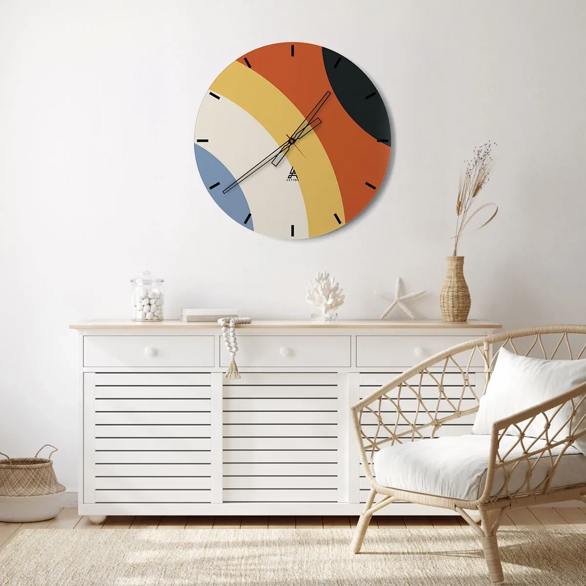 Orologio da parete - Orologio in Vetro - Archi geometrici nei toni dell'arancione, del beige e del blu - 30x30cm - Verso di se - Decorazione murale moderna per soggiorno, cucina e camera da letto ARTTOR