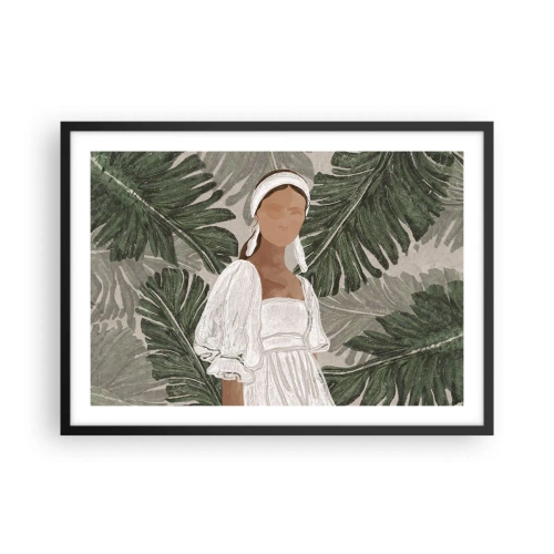 Poster in cornice nera - Ritratto di una donna in abito bianco su uno sfondo di foglie di monstera - 70x50cm - Ritratto esotico - Decorazione murale moderna per soggiorno e camera da letto ARTTOR