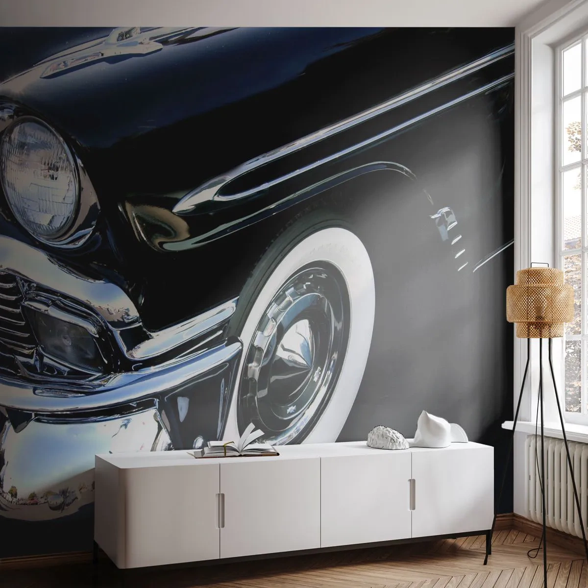 Fotomurali Premium Sand - Primo piano di un'auto nera classica - 100x70cm - Classicità in argento, nero e bianco - Decorazione murale moderna per soggiorno e camera da letto ARTTOR