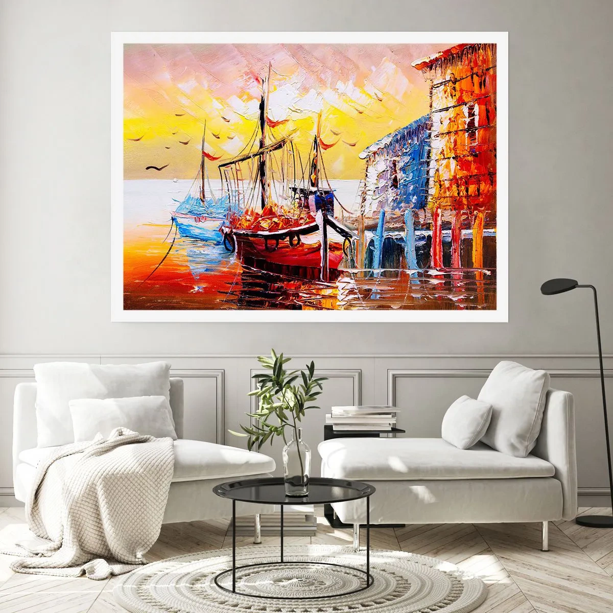 Poster - Pittoresco porto al tramonto con barche da pesca - 100x70cm - Ritorno felice - Decorazione murale moderna per soggiorno e camera da letto ARTTOR