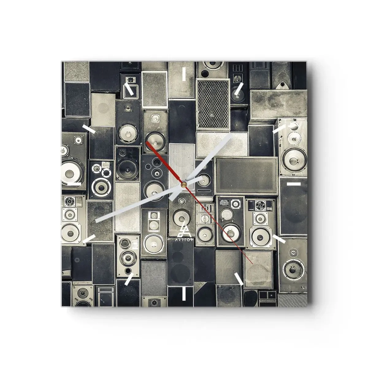Orologio da parete - Orologio in Vetro - Collezione di altoparlanti in stile retrò - 30x30cm - Armonia di suoni - Decorazione murale moderna per soggiorno e camera da letto ARTTOR