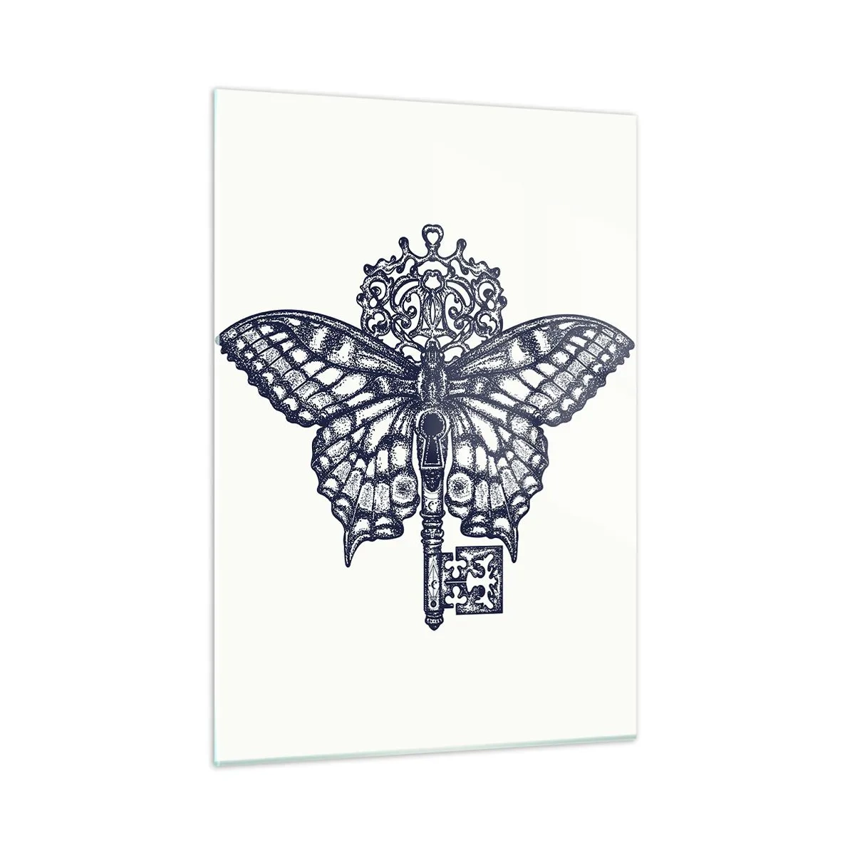 Quadro su vetro - Illustrazione di una farfalla con una chiave al centro - 50x70cm - Tutti i segreti del cuore - Decorazione murale moderna per soggiorno e camera da letto ARTTOR