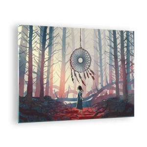 Quadro su vetro - Una figura nella foresta osserva un grande acchiappasogni che fluttua nell'aria. - 70x50cm - Il rituale segreto della felicità - Decorazione murale moderna per soggiorno e camera da letto ARTTOR