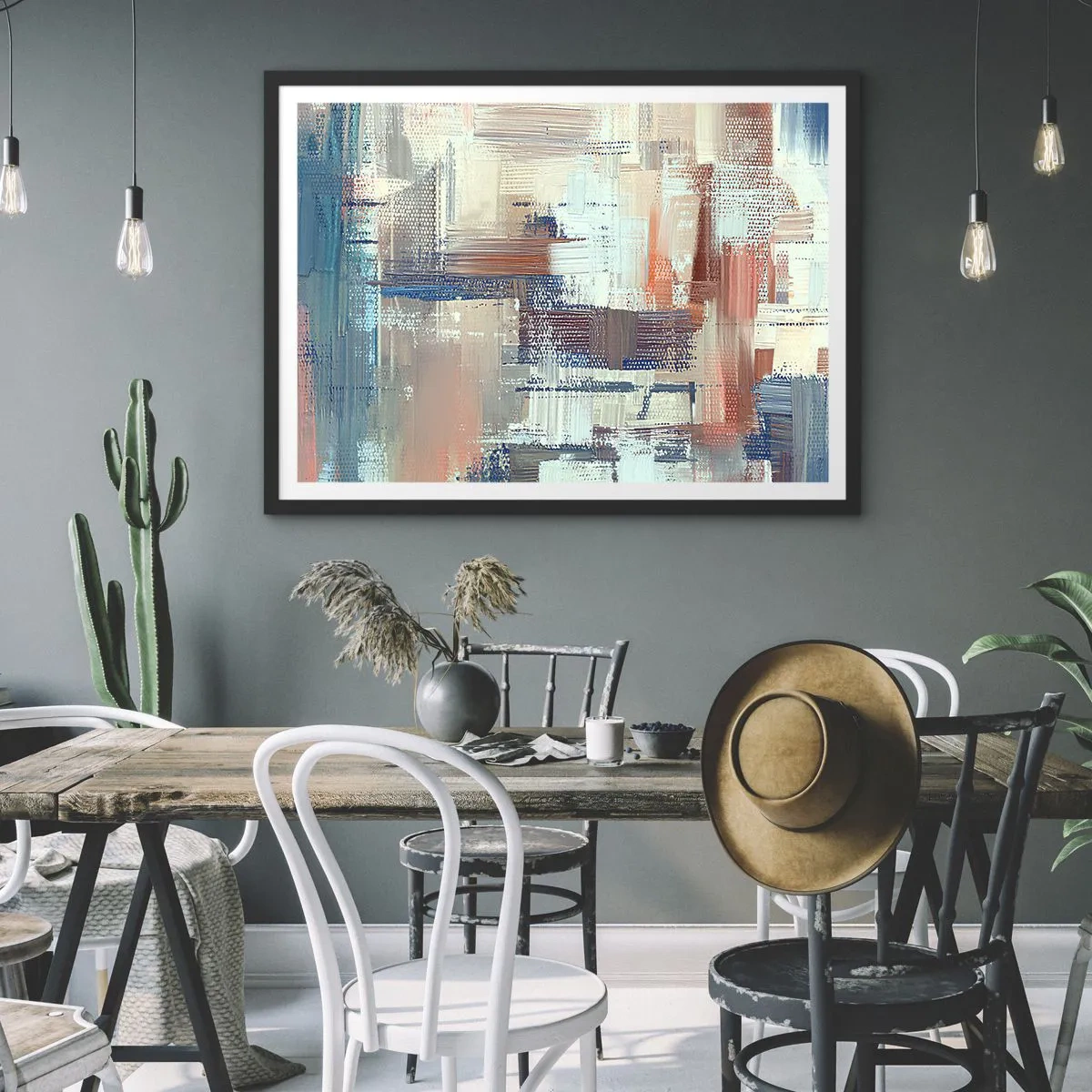 Poster in cornice nera - Composizione astratta nei toni del blu e del beige - 70x50cm - Arrivando alla luce - Decorazione murale moderna per soggiorno e camera da letto ARTTOR