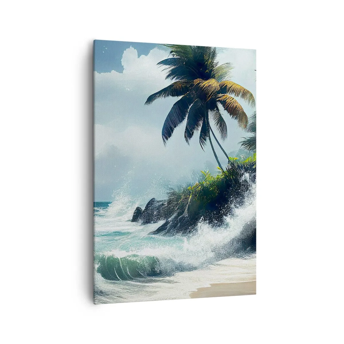 Quadro su tela - Stampe su Tela - Costa tropicale con palme e mare agitato - 70x100cm - Sulla riva tropicale - Decorazione murale moderna per soggiorno e camera da letto ARTTOR