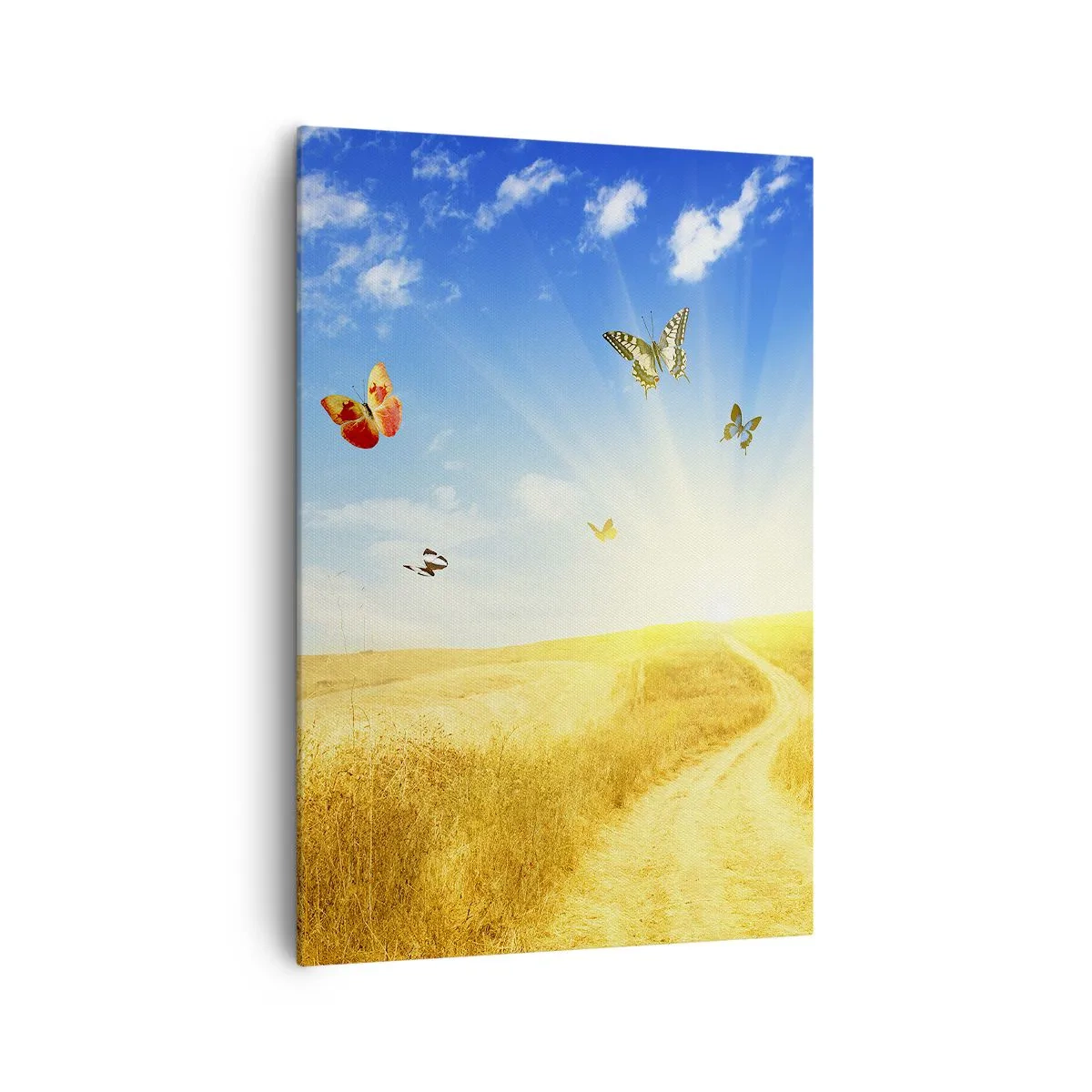 Quadro su tela - Stampe su Tela - Un campo dorato, un sentiero e farfalle contro un cielo azzurro - 70x100cm - Come non amare l'estate? - Decorazione murale moderna per soggiorno e camera da letto ARTTOR