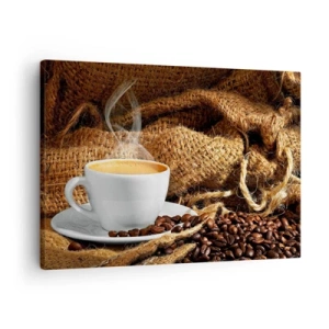 Quadro su tela - Stampe su Tela - Una tazza di caffè circondata da un sacchetto di chicchi di caffè - 70x50cm - L'odore di caffè con la schiuma del colore del miele - Decorazione murale moderna per soggiorno e camera da letto ARTTOR